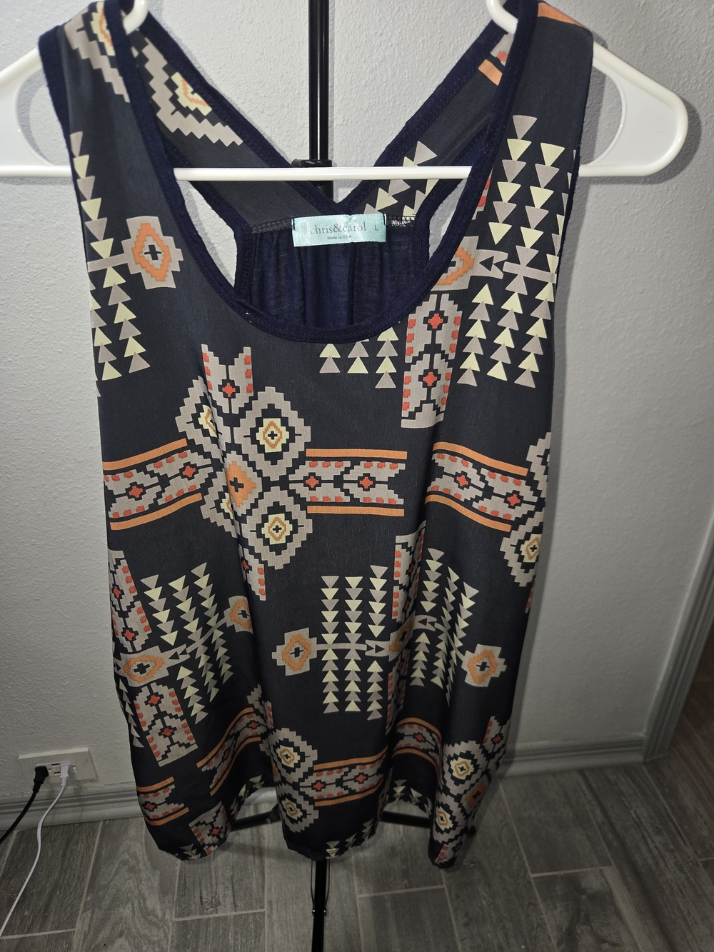 Chris & Carol Navy Aztec-Pattern Racerback Tank with Cream & Orange Accents